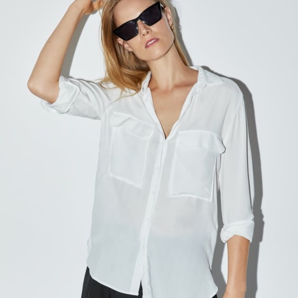Zara off-white flowy blouse with pockets - Picture 1 of 7
